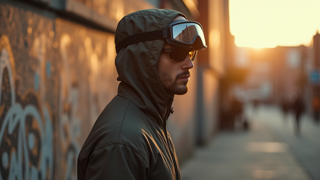 Profil d'un bonnet C.P. Company avec lunettes Goggle repliées - design rétro-futuriste