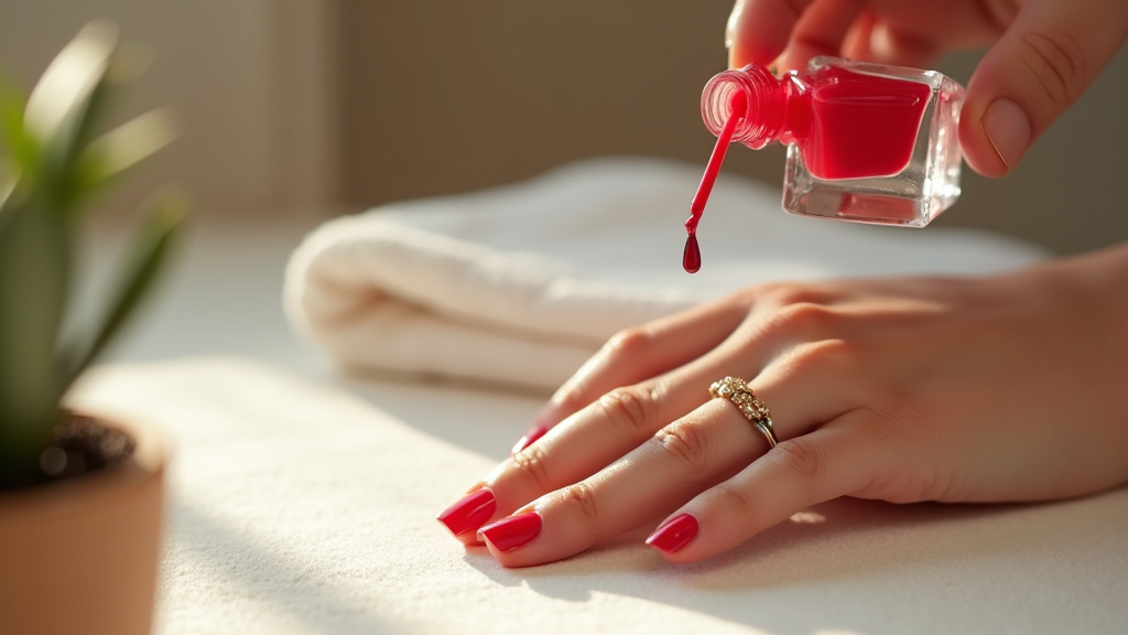 Main féminine avec vernis rouge profond dans un moment de détente