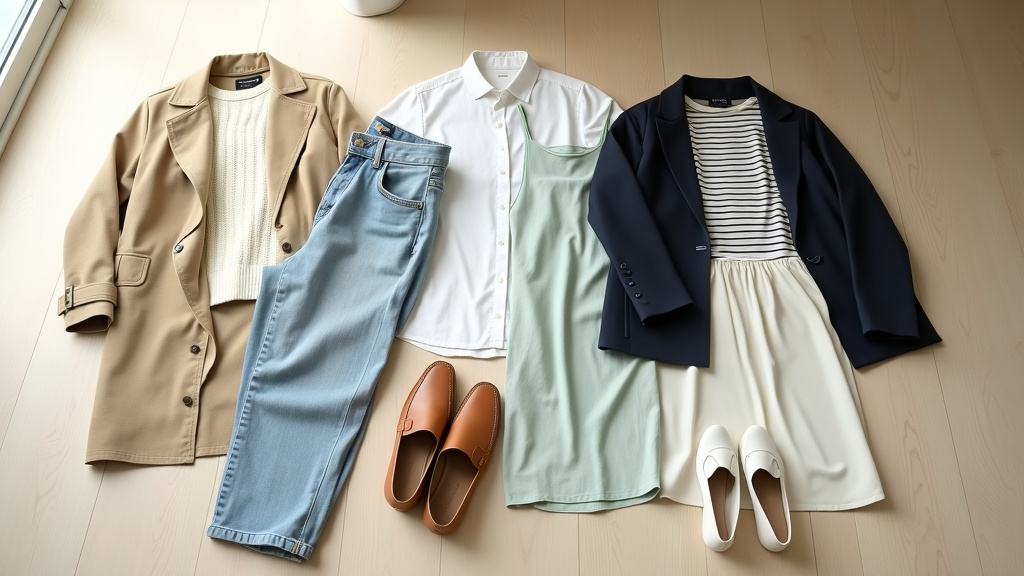 Dressing capsule printemps : pièces essentielles mode féminine disposées sur un portant