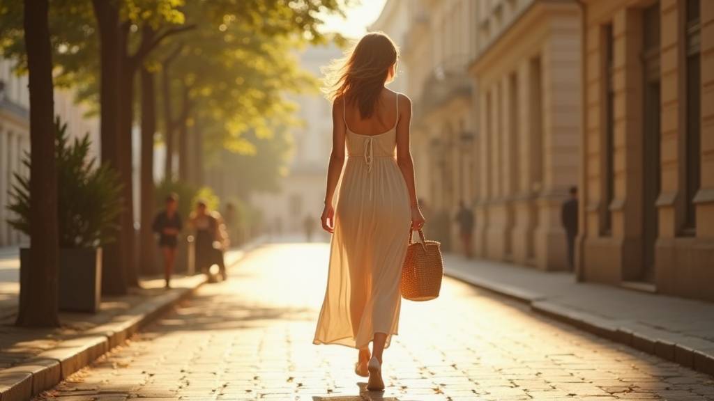 Look estival avec robe longue en lin beige, sandales plates dorées et sac baguette crème