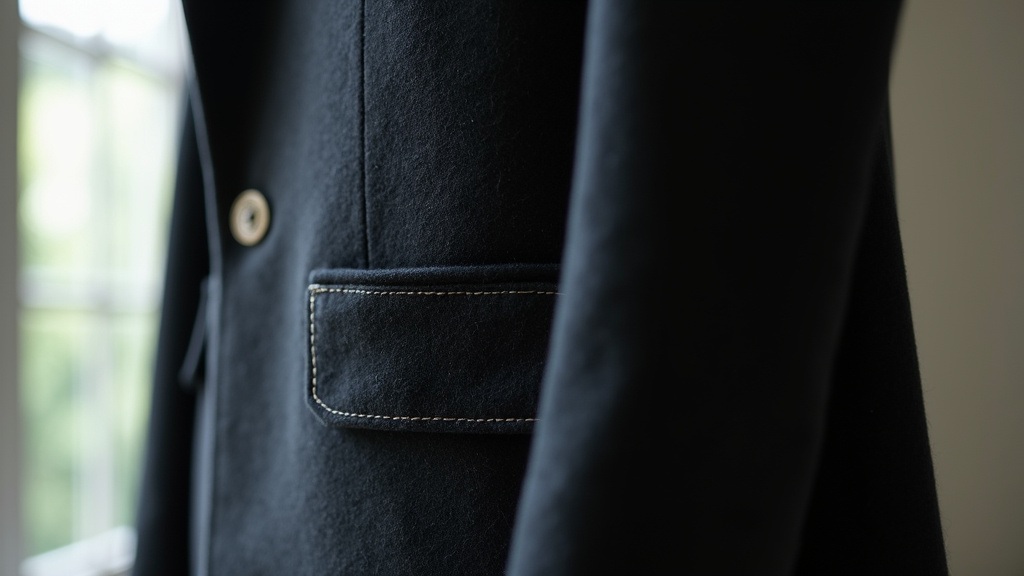 Détail d'un manteau en laine avec poches cousues pour préserver la forme - entretien mode 2026