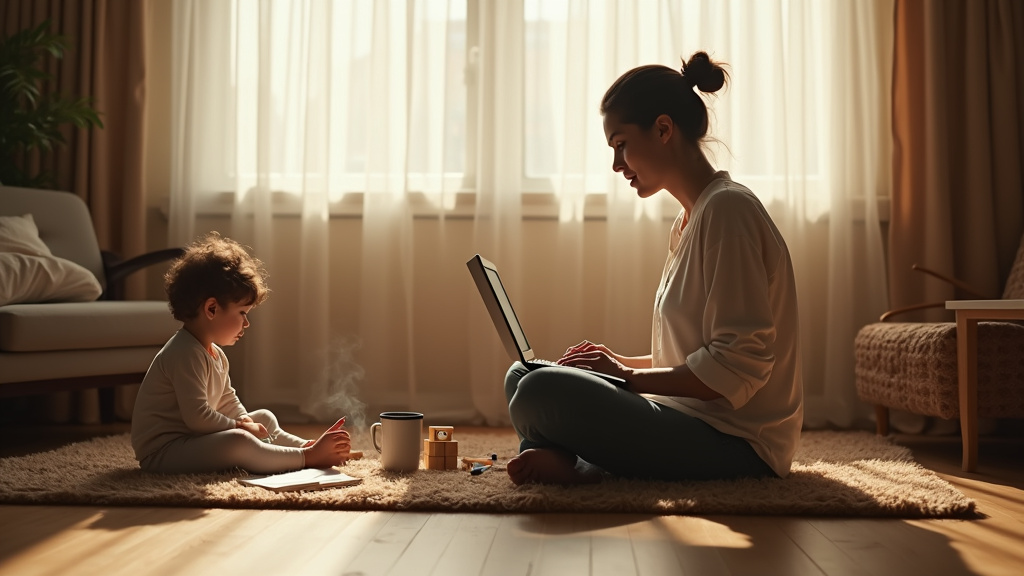 Maman entrepreneure travaillant depuis sa cuisine avec ses enfants à côté